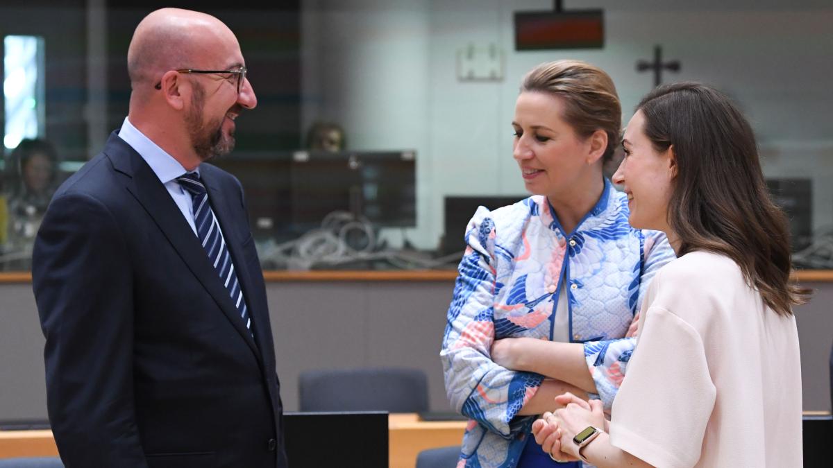 President of the European Council Charles Michel, Prime Minister of Denmark Mette Frederiksen and Prime Minister of Finland Sanna Marin in the European Council meeting