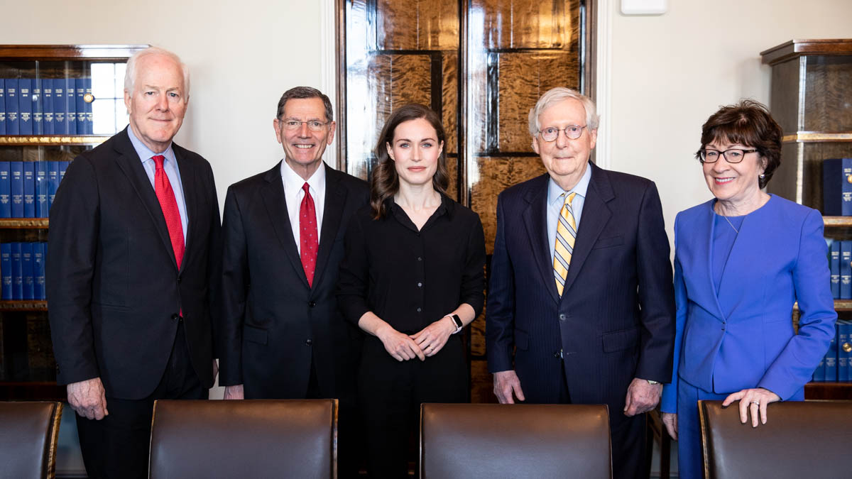 Statsminister Sanna Marin och senatorerna Mitch McConnell, John Barrasso, Susan Collins and John Cornyn