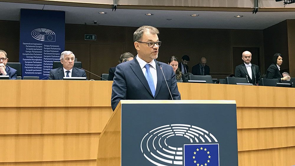 Statsminister Juha Sipilä vid Europaparlamentet 31.1.2019