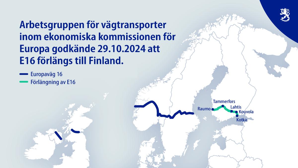 Arbetsgruppen för vägtransporter inom ekonomiska kommissionen för Europa godkände 29.10.2024 att E16 förlängs till Finland.