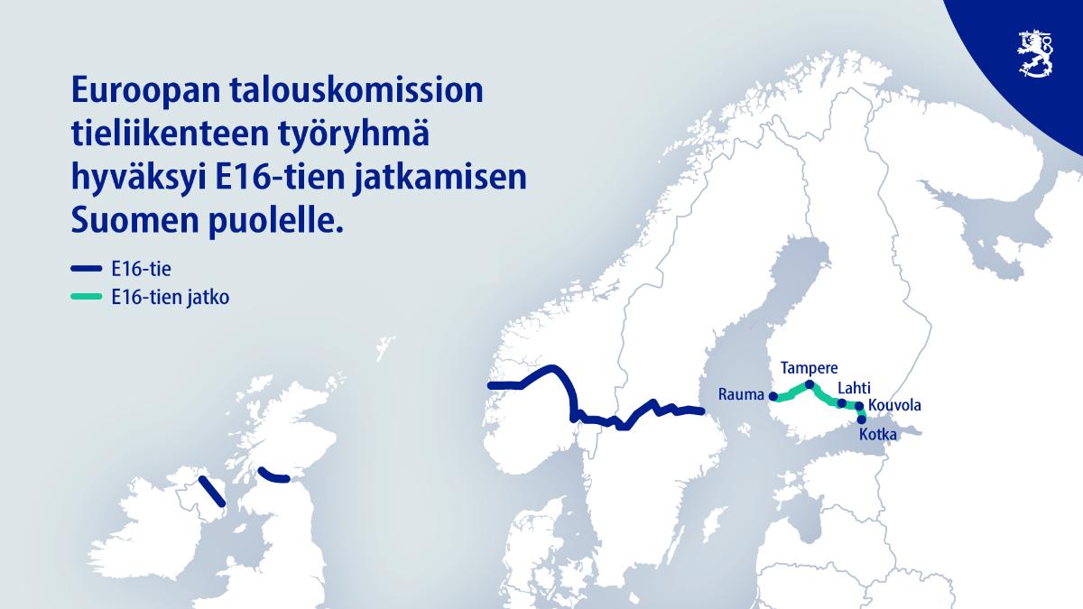 Euroopan talouskomission tieliikenteen työryhmä hyväksyi 29.10.2024 E16-tien jatkamisen Suomen puolelle.