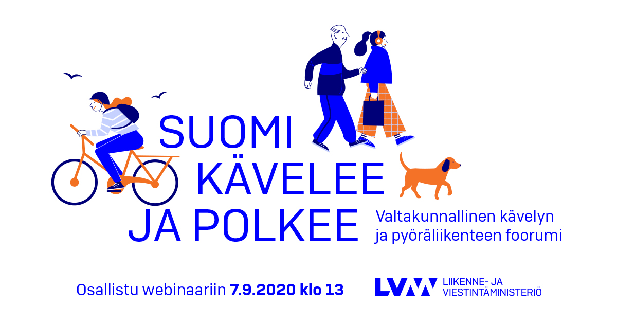 Pyöräilijä, kävelijöitä ja koira. (Kuva: LVM, kuvitukset Kati Närhi)