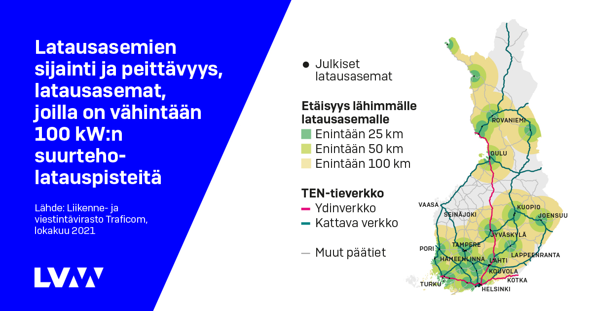 Latausasemien sijainti ja peittävyys – latausasemat, joilla on vähintään 100 kW:n suurteholatauspisteitä (Kuva: Liikenne- ja viestintävirasto Traficom ja LVM)