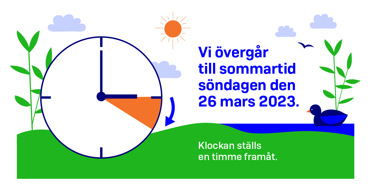 Vi övergår till sommartid söndagen den 26 mars 2023. Klockan ställs en timme framåt. (Bild: LVM)