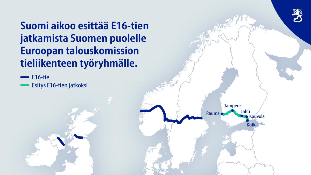 Kuvassa on kartta, jossa näkyy nykyinen Eurooppatie 16 ja Suomen puolelle suunniteltu jatke. Nykyisellään Eurooppa 16 -tie eli E16-tie kulkee Pohjois-Irlannista Skotlannin ja Norjan kautta Ruotsin Gävleen. Kuvassa lukee 