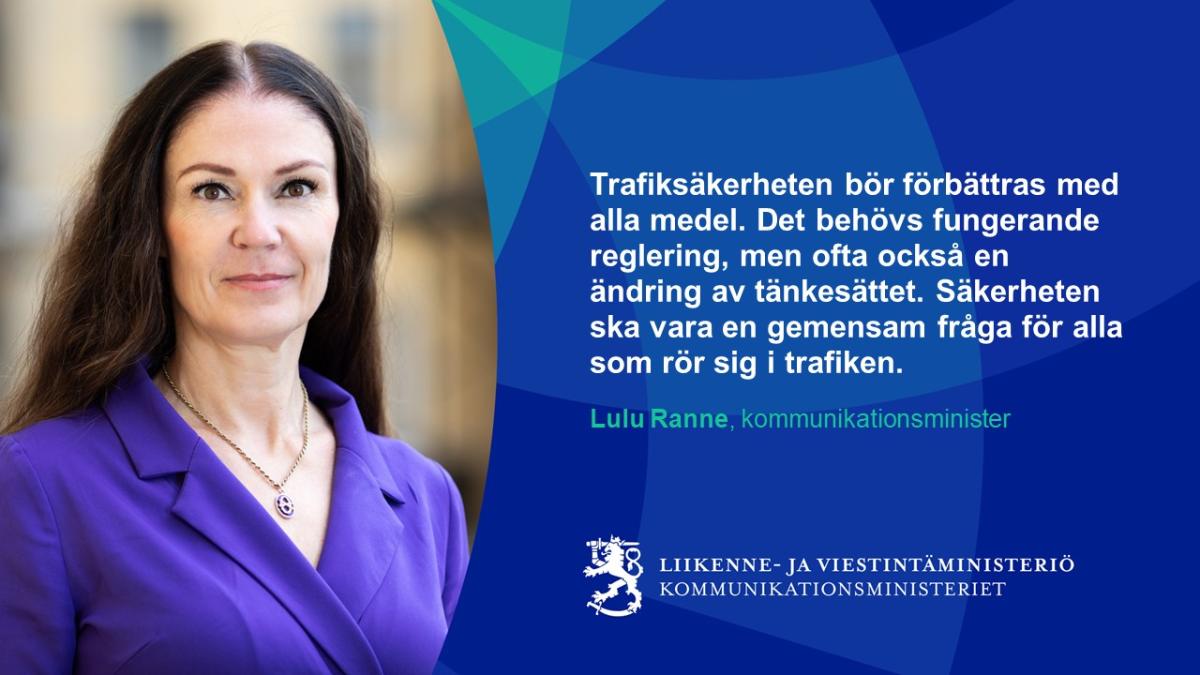 Liikenne- ja viestintäministeri Lulu Ranne katsoo kameraan