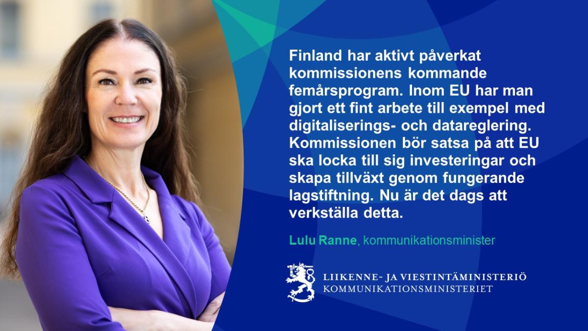 Liikenne- ja viestintäministeri Lulu Ranne katsoo kameraan