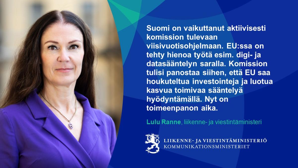 Liikenne- ja viestintäministeri Lulu Ranne katsoo kameraan