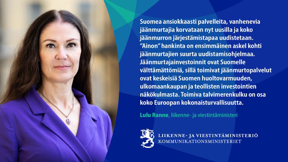 Liikenne- ja viestintäministeri Lulu Ranne katsoo kameraan