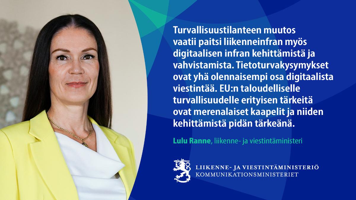 Liikenne- ja viestintäministeri Lulu Ranne katsoo kameraan