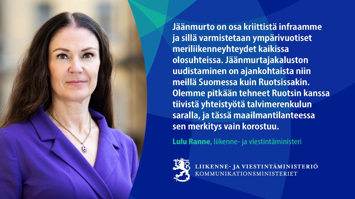 Liikenne- ja viestintäministeri Lulu Ranne katsoo kameraan