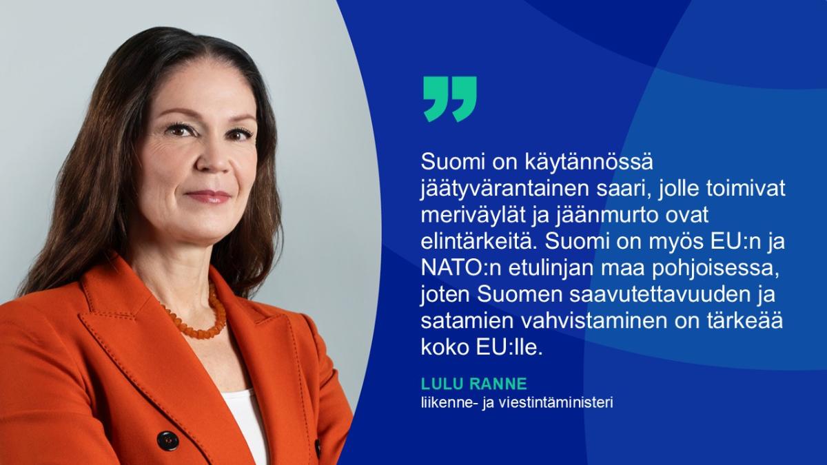 Liikenne- ja viestintäministeri Lulu Ranne katsoo kameraan