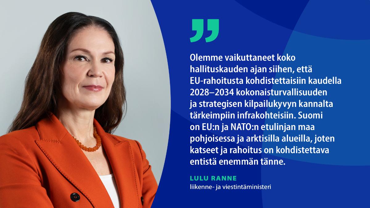 Liikenne- ja viestintäministeri Lulu Ranne katsoo kameraan
