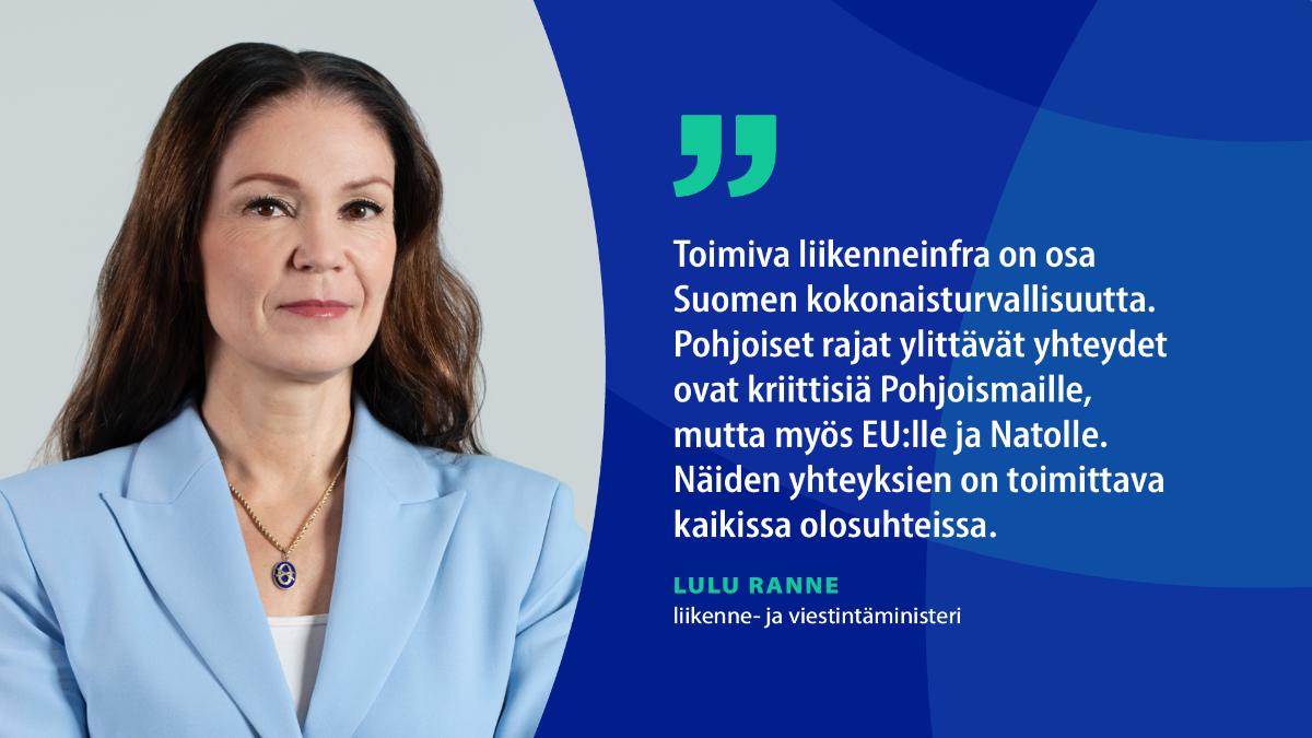 Liikenne- ja viestintäministeri Lulu Ranne katsoo kameraan