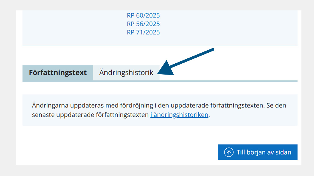 Bildkapning från sidan FINLEX, där pilen pekar på ordet förändringshistoria.