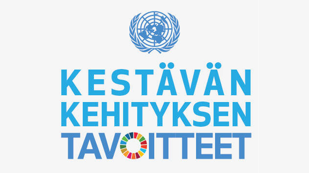 Ylhäällä keskellä YK:n logo, jonka alla teksti Kestävän kehityksen tavoitteet.