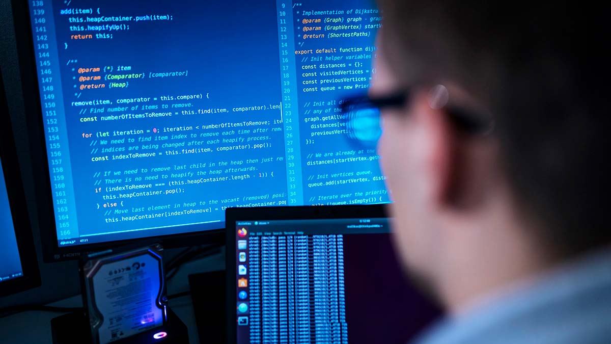 The man looks at the computer screen.