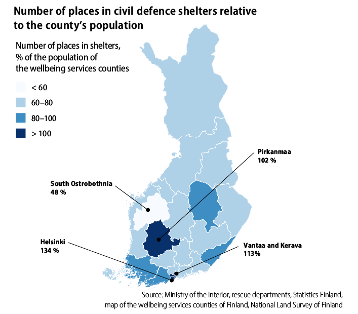 Map of Finland with the number of places in civil defence shelters relative to the areas population. Content described in the text.
