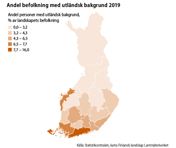 År 2019 var andelen personer med utländsk bakgrund av landskapets befolkning störst på Åland och i Nyland. Därnäst flest personer med utländsk bakgrund fanns det i Egentliga Finland och Österbotten. Källa: Statistikcentralen.