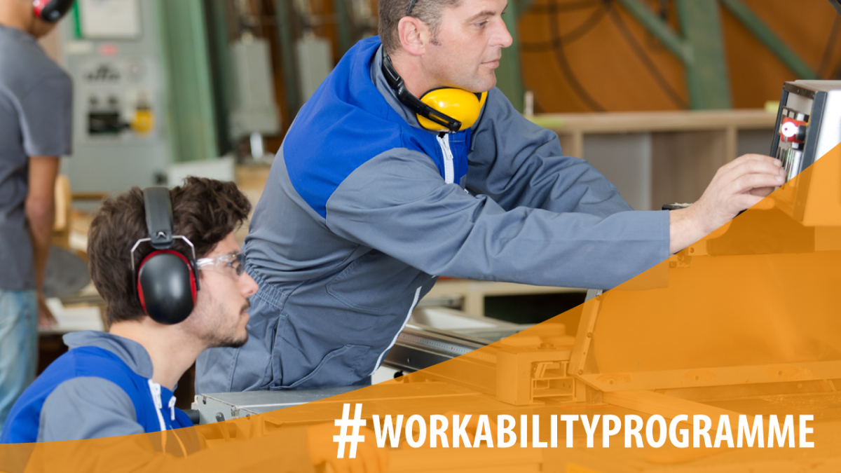 Kuvassa on kaksi työntekijää ja Työkykyohjelman nimi.