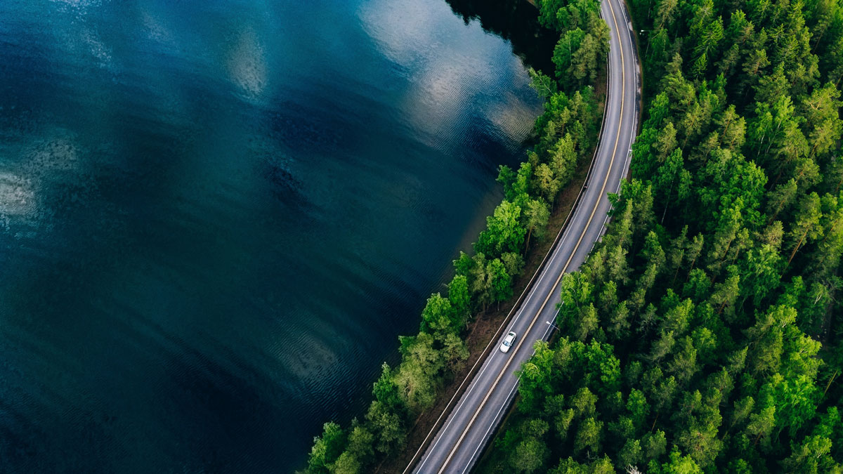 An aerial photo showing a lake, forest, and a road.