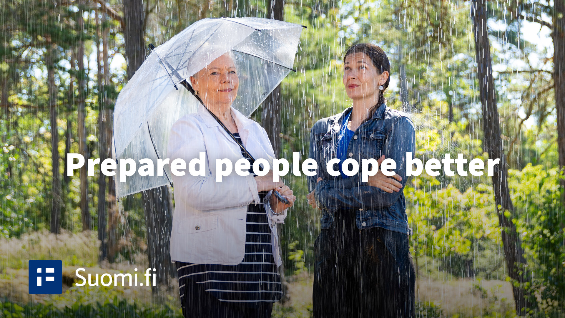 The illustration shows two women in the rain. Only one is carrying an umbrella. Text: Prepared people cope better.