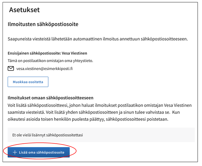 Havainnekuva siitä, miten puolesta-asioijan sähköpostiosoite lisätään Suomi.fi-viestien asetuksissa.