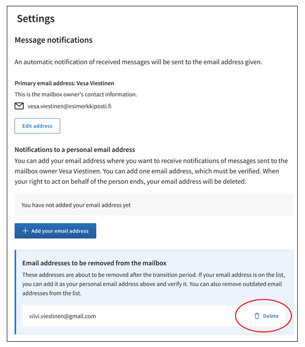Illustration of how to delete an old email address in the Suomi.fi Messages settings.