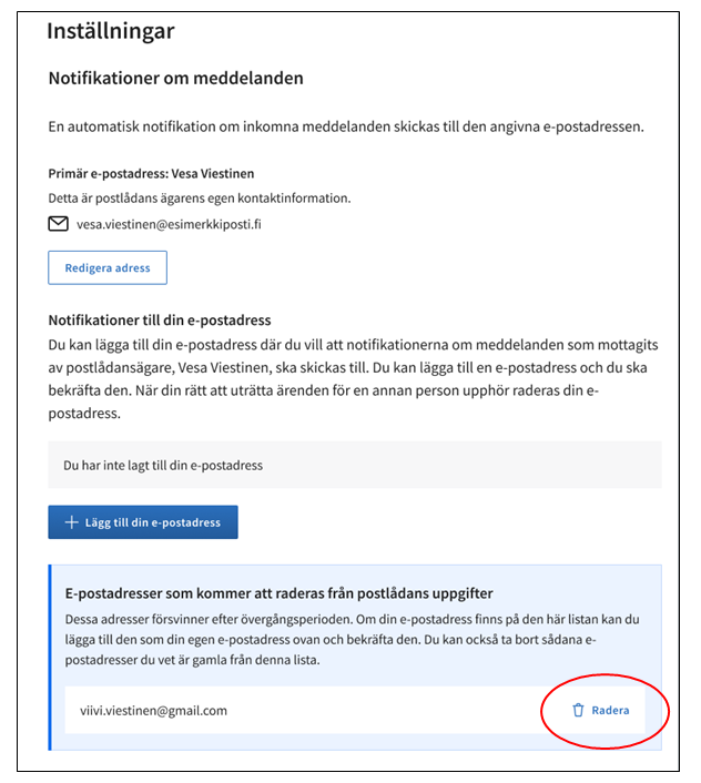 Illustration av hur man tar bort en gammal e-postadress i inställningarna för Suomi.fi-meddelanden.