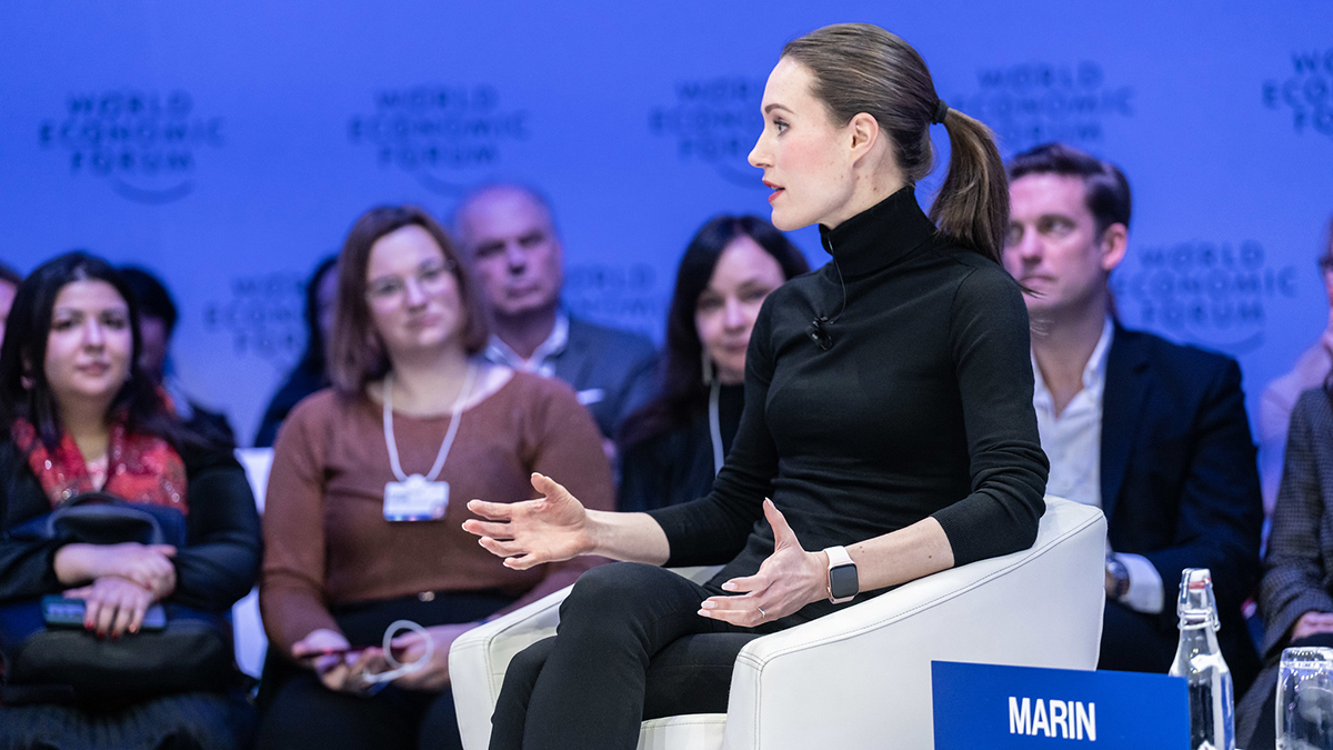 PM Marin on stage giving an interview