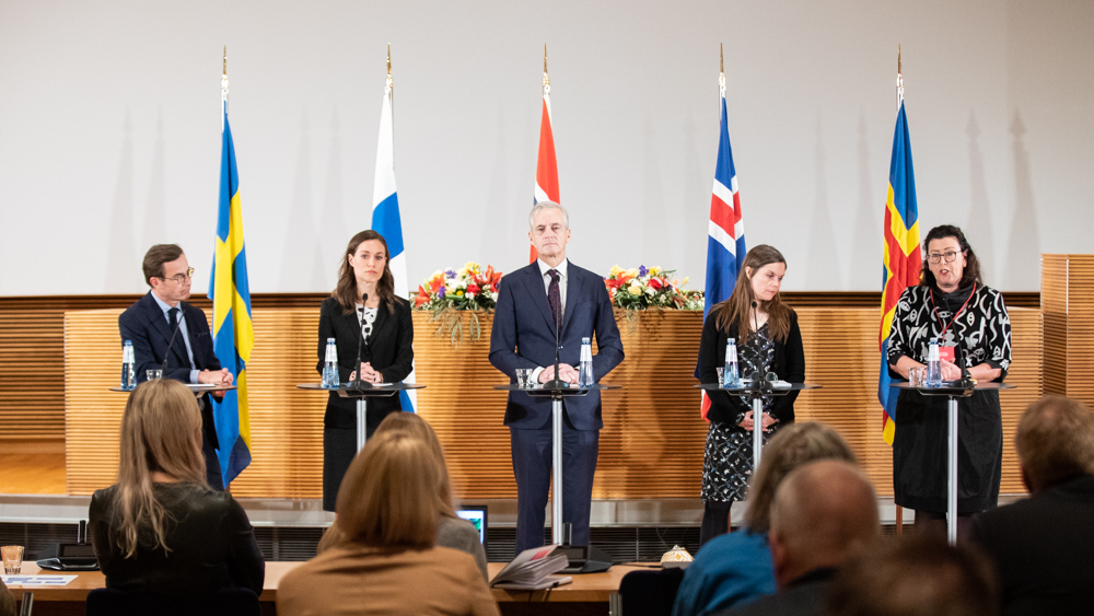 Prime Minister of Sweden Ulf Kristersson, Prime Minister of Finland Sanna Marin, Prime Minister of Norway Jonas Gahr Støre, Prime Minister of Iceland Katrín Jakobsdóttir and Head of Government of Åland Veronica Thörnroos in press conference