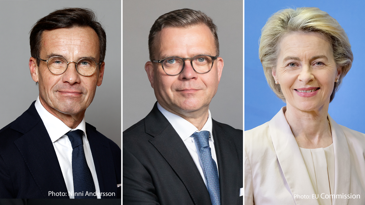 Prime Minister Kristersson, Prime Minister Orpo and Commission President von der Leyen side by side