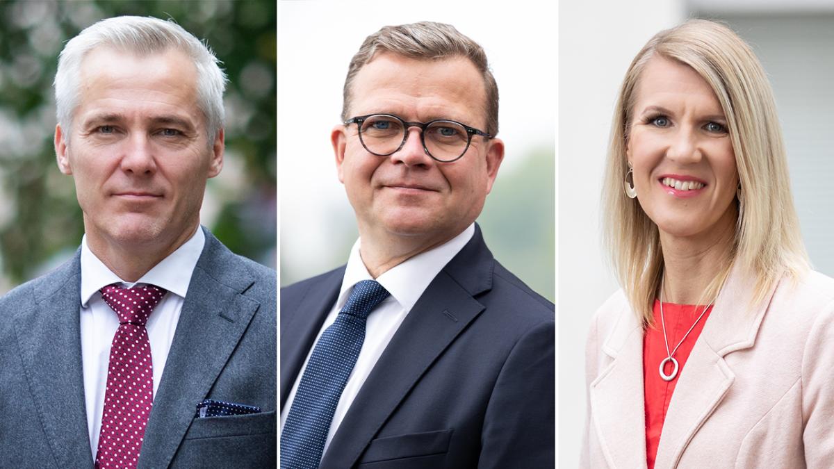 I foto statsminister Petteri Orpo, minister för nordiskt samarbete Anders Adlercreutz och forsknings- och kulturminister Sari Multala