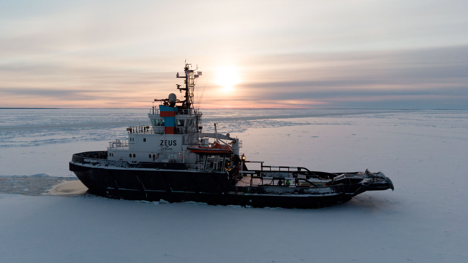 Icebreaker at icy sea.