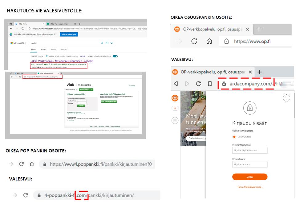 Kuvakaappauksessa valesivustojen ja aitojen verkkopankkien sivustoja ja osoitteita. Kuvasta on ympyröity osoiteriviltä kohdat, joista valesivuston voi tunnistaa. Ensimmäisessä kuvassa näytetään, miten ensimmäinen hakukoneen hakutulos Aktia-sanalla haettaessa vie valesivustolle, jonka osoite on aktia-fi.com. Toisessa kuvassa on oikea POP-Pankin osoite, joka on www4.poppankki.fi sekä valesivun osoite, joka on 4-poppankki-fi.com. Kolmannessa kuvassa on oikea Osuuspankin osoite, joka on op.fi sekä valesivun osoite, joka on ardacompany.com.
