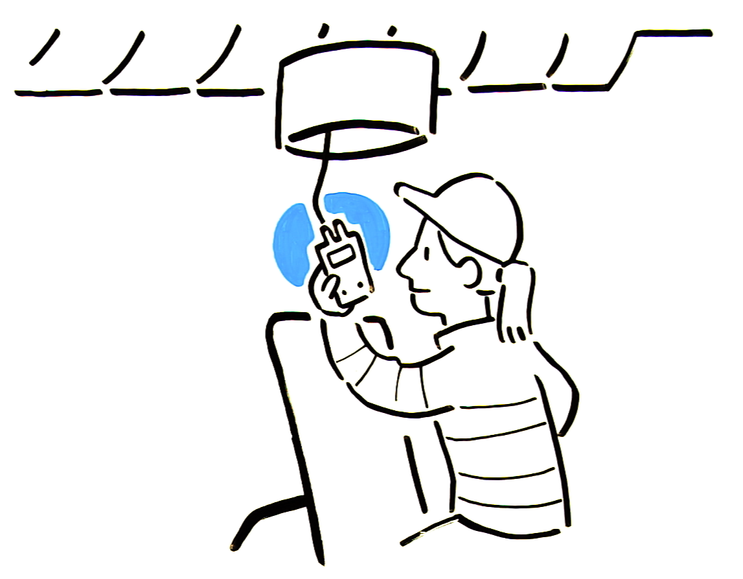 Piirroskuvassa nainen seisoo A-tikkailla ja mittaa ilmanvaihtokanavasta ilmamääriä.