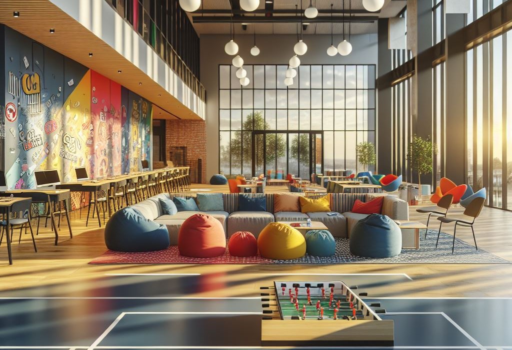 Kuvituskuvassa avara lasiseinäinen nuorisotila, jossa näkyy pelejä ja säkkituoleja.